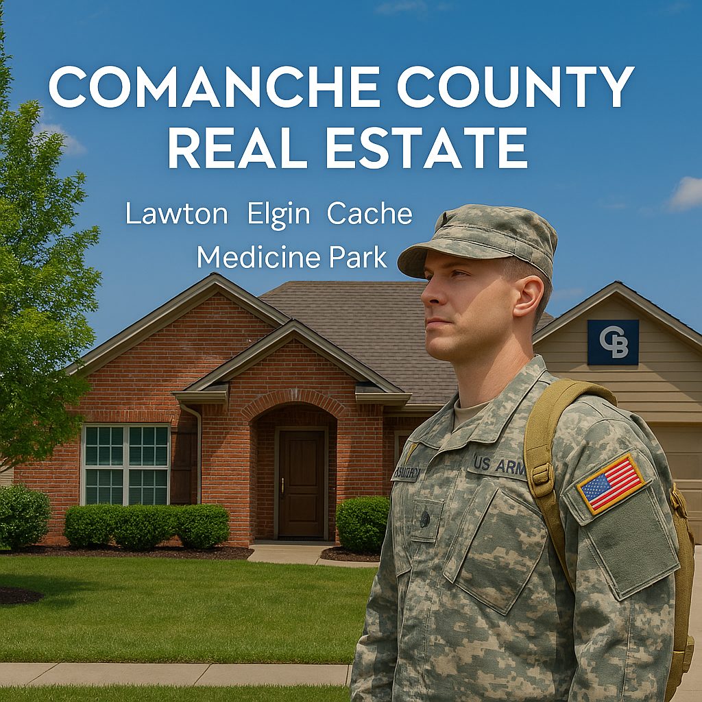 U.S. Army soldier standing in front of a suburban home in Comanche County, Oklahoma, representing Coldwell Banker Salute’s military relocation real estate services in Lawton, Elgin, Cache, and Medicine Park.
