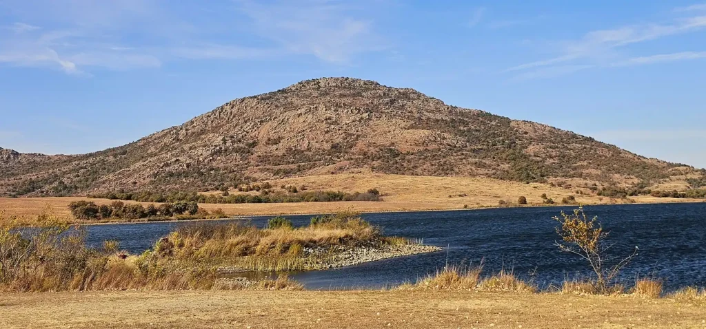 Mount Scott and a lake in the Wichita Mountains Wildlife Refuge near Lawton