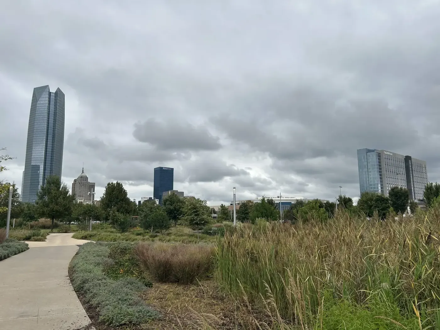 Scissortail Park with the downtown Oklahoma City skyline behind it