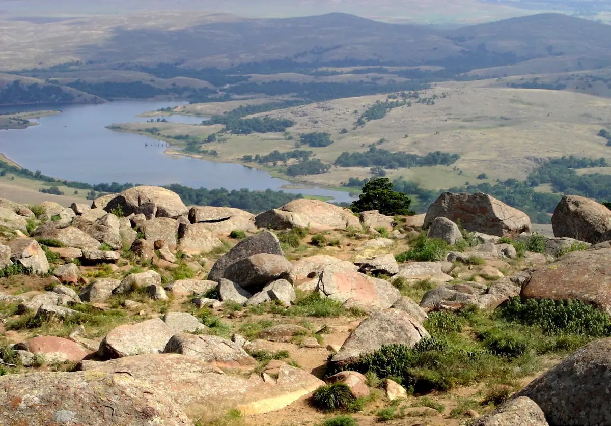 Granite boulders atop Mount Scott overlooking Lake Lawtonka in the Wichita Mountains